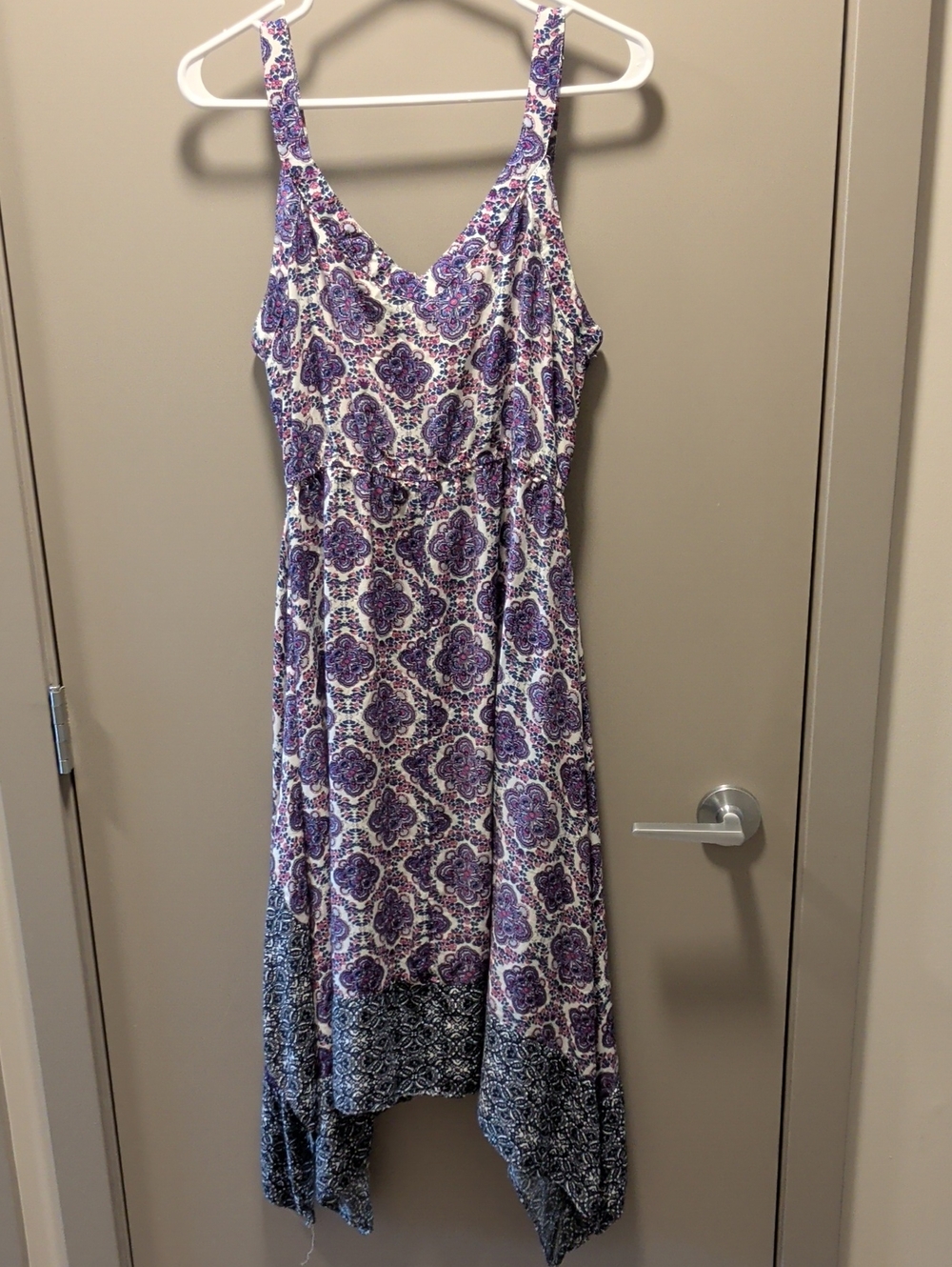 Le Shop Purple & Blue Medallion Boho Handkerchief Hem Dress - Size L
